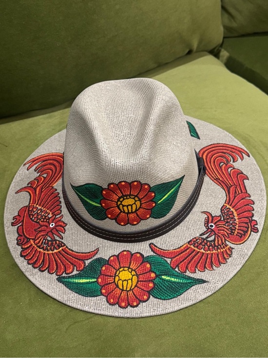 Hand Crafted Other - Hand Crafted Beige Straw Hat with Red Floral and Green Leaf Accents